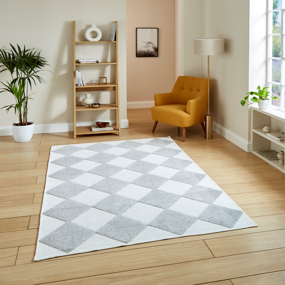 Lyna J0529 Textured Geometric Washable Rugs in Cream Grey